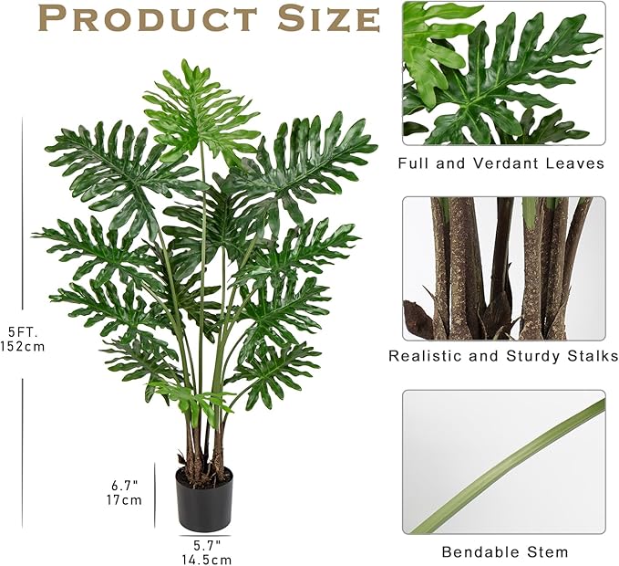 Hollyone Artificial Tree Philodendron Plant 5FT Tall Faux Monstera Indoor Trees Fake Tropical Palm Plants Trees House Plants in Pot for Indoor Outdoor Home Office Garden Living Room Decoration, 1 Pack