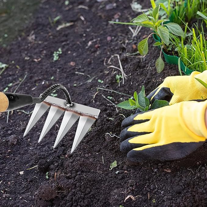 Iron Rake for Gardening and Weeding - Heavy Duty Garden Tool, Carbon Steel Hand Rake for Sturdy Dethatching, Heavy Duty Rake 4 Toothed Steel (Without Stick)