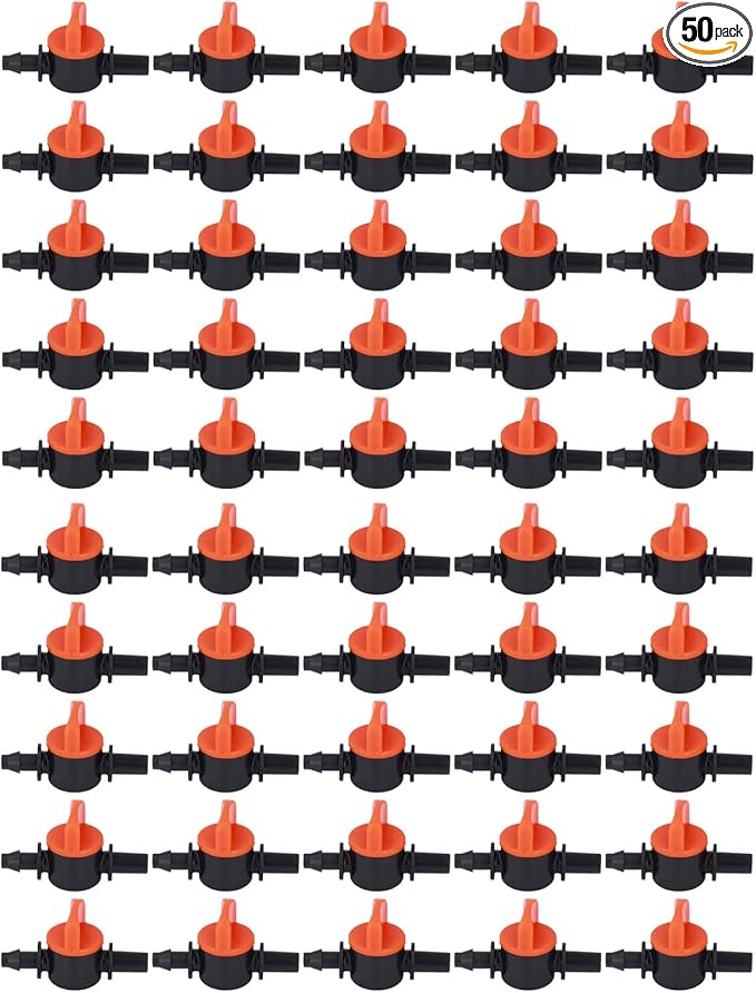 1/4 Inch Drip Tube Shut off Valve, Universal Tubing Irrigation Coupling Switch Plastic Hose Pipe Tube Drip Line Cut Off Barbed Adapter Through Connector Leakproof Fittings for Garden Lawn 50PCS