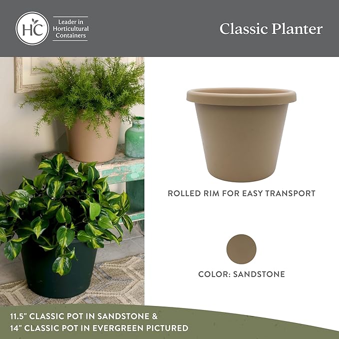 The HC Companies 8.5 inch Round Classic Planter - Plastic Plant Pot for Indoor Outdoor Plants Flowers Herbs, Sandstone (4 Pack)