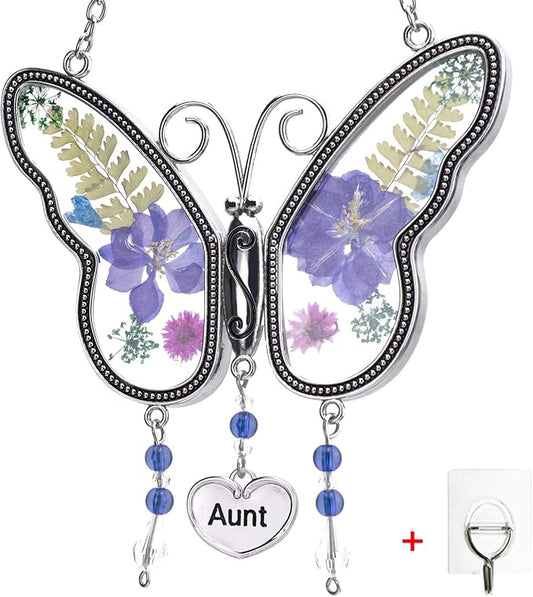 Laraine Butterfly Suncatcher with Pressed Flower Wings Mom Mother's Day Butterfly Glass Wind Chime Ornament Charm with Metal Heart Gifts for Mom Grandma Aunt Birthday (Purple Aunt (with Free Hook))