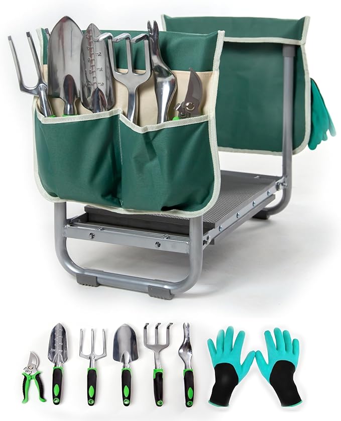 Garden Kneeler and Seat with Soft Foam Pad - Six Gardening Tools - Bags and Gloves -Gardenig Work Seats - Gardening Supplies - Gardening Gifts for Men and Women - Garden Kneeling Bench with Handles.