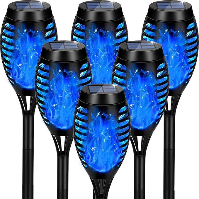 Solar Lights Outdoor, Upgraded 6 Pack Blue Solar Torch Light with Flickering Flame Waterproof for Garden Decor, Flame Torches for Outside Landscape Porch Yard Pathway Decorations