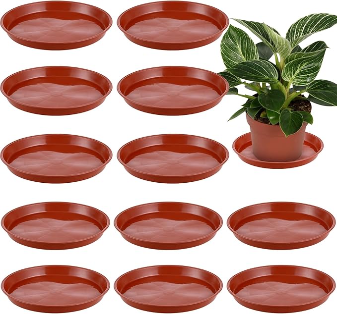 12 Pack Bottom 8 Inch Plant Saucers for Indoors Outdoors Plastic Plant Water Catcher Trays No Holes Round Flower Pot Drip Trays, Heavy Duty Plant Pot Saucers Water Drainage Trays, Terracotta