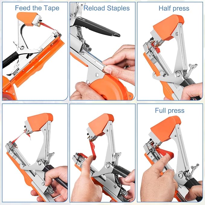 FUNTECK Plant Tying Machine to Tie Tomatoes Peppers and Cucumbers Quickly and Easily, Great for Gardeners Farmers, Including Spare Parts, Tapes and Staples, Orange