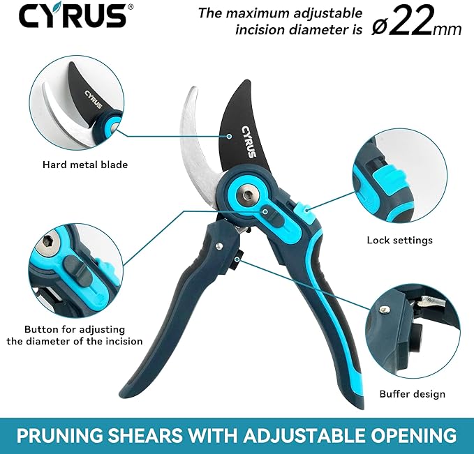 CYRUS Pruning Shears, Garden Shears Sk5 Steel Blades, 2-Stage Adjustable Diameter Pruning Shears12-22 mm, Rose Shears, Professional Bypass Shears, Plant Garden Tools, Hedge Clippers, Pruning Shears