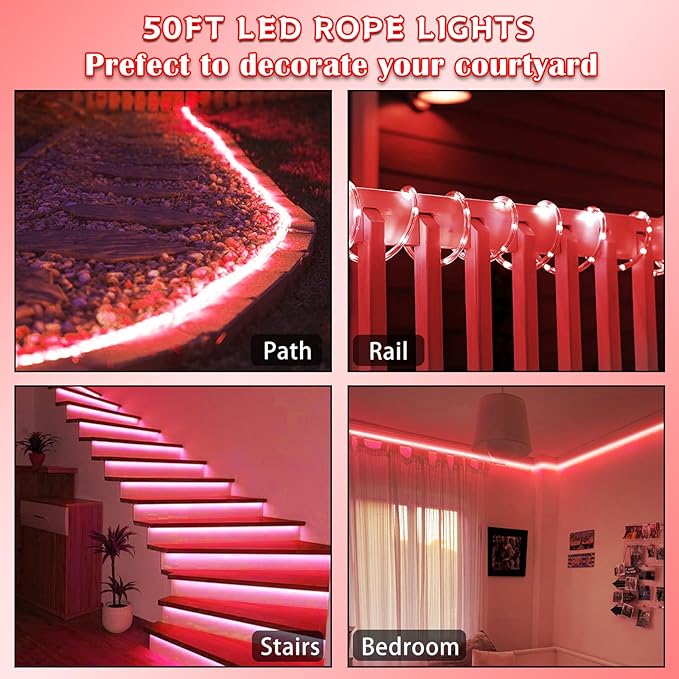 Red Rope Lights Outdoor, 50Ft 600 LED Valentine's Day String Light, Waterproof Tube Light Plug in 8 Modes Timer Memory, Halloween, Christmas Lights Outdoor Decorations for Tree Garden Party