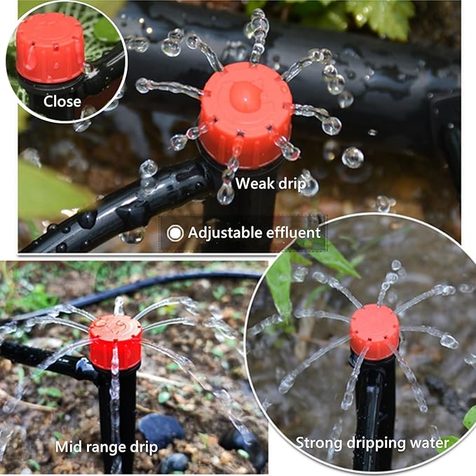 50pcs Drip Emitters for 1/4" Drip Irrigation Tubing, Adjustable 360 Degree Water Flow Drippers on 5" Arrow Stake, Garden Irrigation Drippers for (4-7mm) Watering System