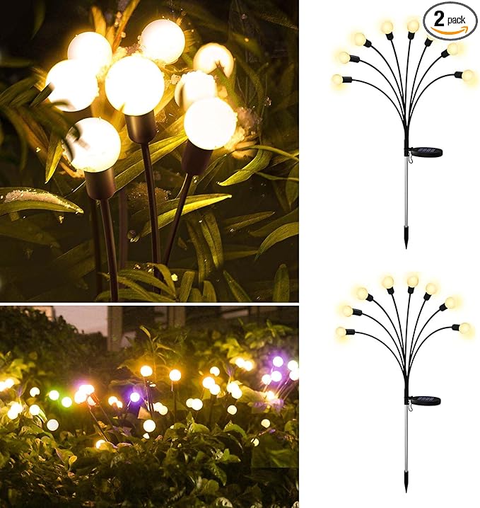 Solar Firefly Lights 2 Pack 16 LED Lights 2 Lighting Modes for Garden,Patio and Yard Solar-Powered LED Lights (Warm White, 2)