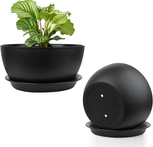 8 inch Plant Pots Pack of 2, Plastic Planter with Drainage Holes and Saucers, Plant pots for Indoor Outdoor Use, Flower Pots for All House Plants (Black)