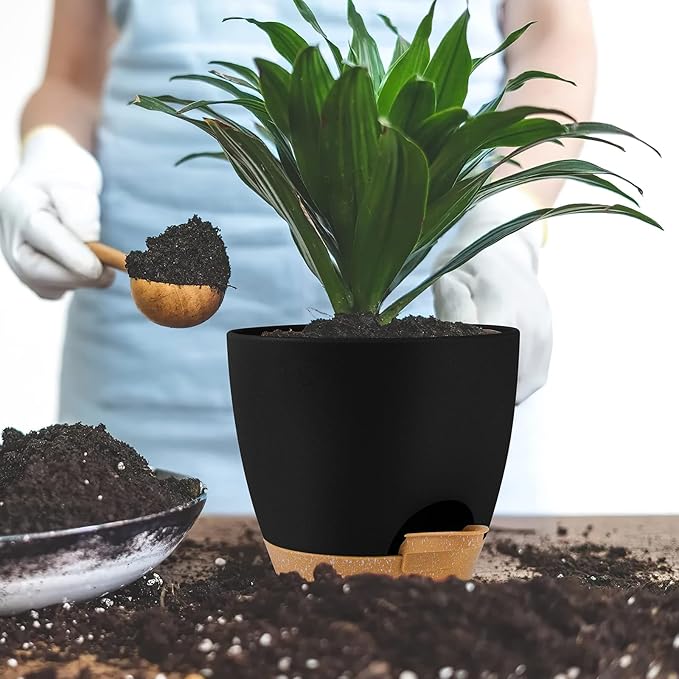 GARDIFE Plant Pots 7/6.5/6/5.5/5 Inch Self Watering Planters with Drainage Hole, Plastic Flower Pots, Nursery Planting Pot for All House Plants, Succulents,Snake Plant, African Violet, Flowers,Black