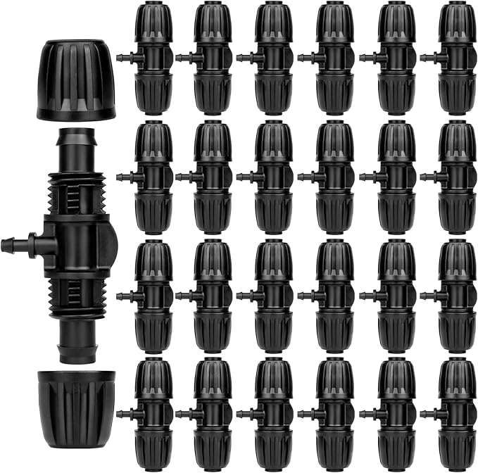 1/2 to 1/4 Drip Irrigation Fittings,25Pack Barbed Tee 1/2 inch Drip Irrigation Tubing (1/2" ID x0.6-0.63" OD) 16mm to 1/4 inch Irrigation Tube Fitting Anti-Drop Barbed Connectors