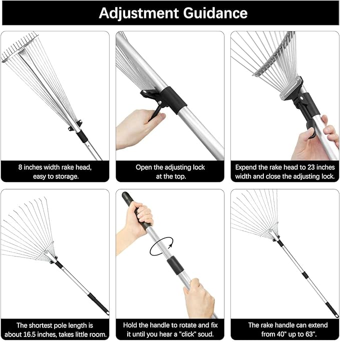 Buyplus Adjustable Garden Leaf Rake - 24 to 63 Inch Telescopic Metal Rake, Expandable Folding Leaves Rake for Lawn Yard, Flowers Beds, Black