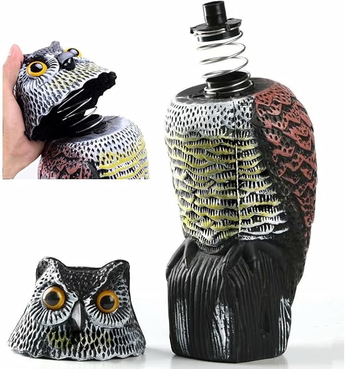 Owl Decoy 360 Rotate Head, Scarecrow Fake Owls Natural Enemy Realistic Owls to Scare Birds Away