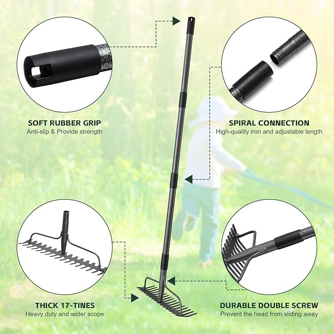36'' Bow Rake Heavy Duty Garden Rake with Stainless Steel Handle, Tines Metal Head Rake Tool for Loosening Soil Gathering Leaf Leveling Lawn Farming Land Management Yarn Thatch Rake