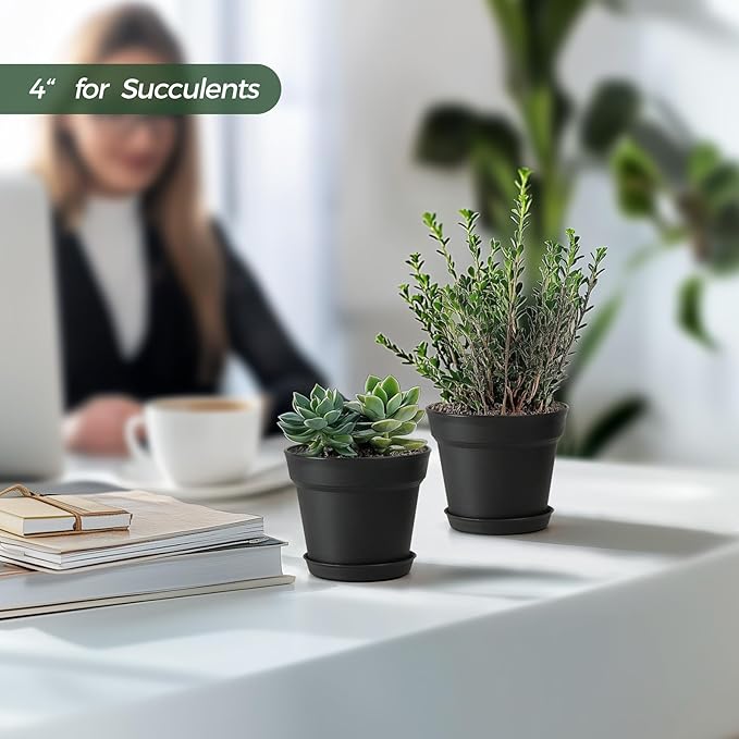 T4U 4 Inch Plant Pots 18-Pack - Small Plastic Planter with Drainage Hole and Saucer, Decorative Nursery Pot Bulk for African Violet, Snake Plant, Succulent and All House Plants Indoor (Black)