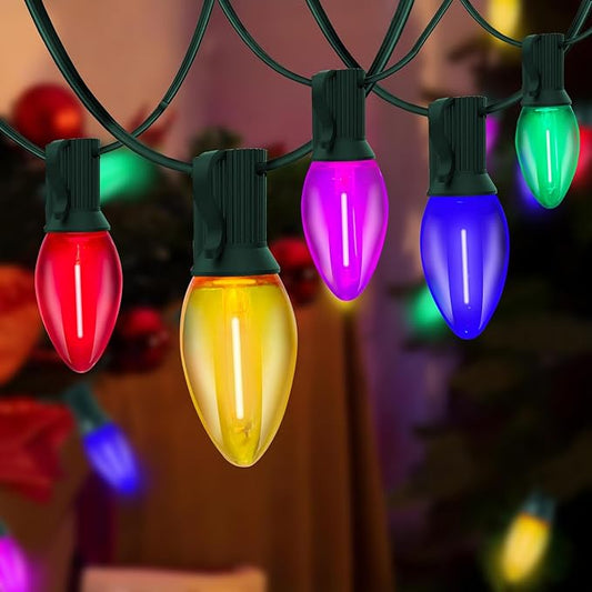 C7 LED Multicolor Christmas String Lights, 25FT with 27 Clear Bulbs, Hanging Outdoor Christmas Decorations for Tree, Patio, Garden, Yard
