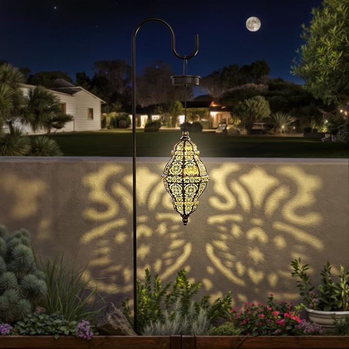 Twinkya 2 Pack Hanging Solar Lights Outdoor Garden Decor, Waterproof Plastic Moroccan Solar Powered Lantern Lamp, Outside Decorations for Patio Yard Porch Backyard Decor, Gardening Gifts for Women Mom