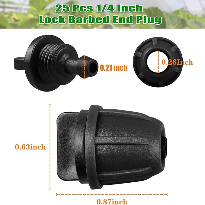 JAYEE 1/4 Inch Drip Irrigation Fittings, Barbed Locked End Plugs for ¼ in. Tubing, 25 Pcs Drip Line Parts Irrigation End Closure with Locked Nuts for Garden Lawn Sprinkler Systems, Black