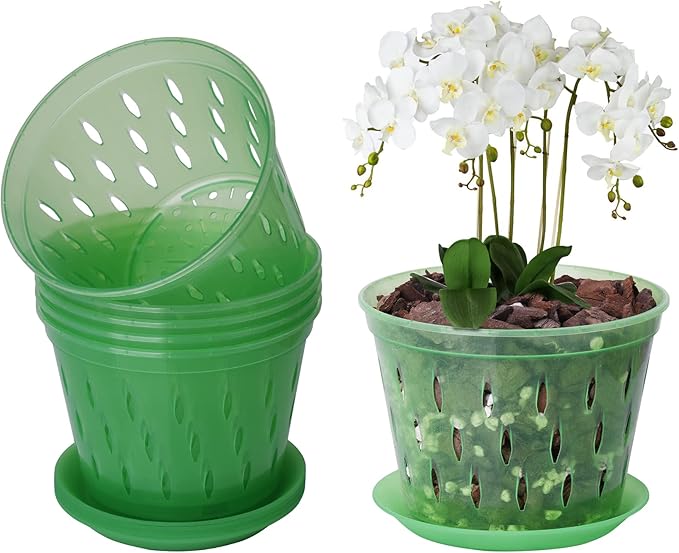 Orchid Pot with Holes and Saucers 5 Inch 6 Pack（Green Emerald）