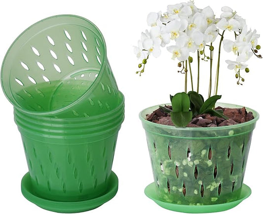 Orchid Pot with Holes and Saucers 5 Inch 6 Pack（Green Emerald）