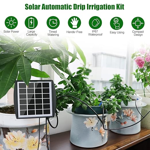 Solar Automatic Drip Irrigation Kit System, JIYANG Solar Powered Auto Easy DIY Watering Device Supported Pots Plants, 6 Timing Modes with Anti-Siphoning Device (Supported 10 Pots, 6Timing Modes)