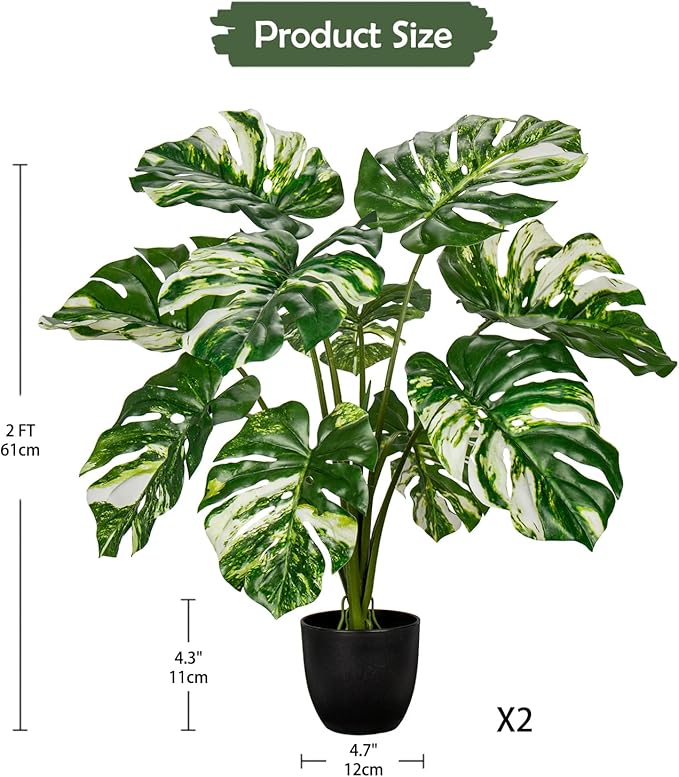 Hollyone Artificial Monstera Plant 2FT Faux Monstera Deliciosa Plant in Black Pot Fake Swiss Cheese Tropical Plant Potted for Indoor Outdoor Floor Home Office Living Room Decor, 2 Pack
