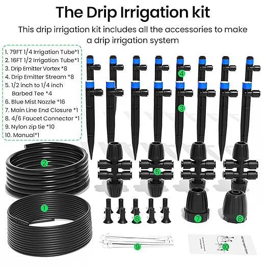 MIXC Drip Irrigation System, 95FT Quick Efficient Connector Garden Irrigation System Plants Watering System For Lawn Patio Raised Bed Automatic Irrigation Equipment With 1/2''&1/4"Tubing,Drip Emitters