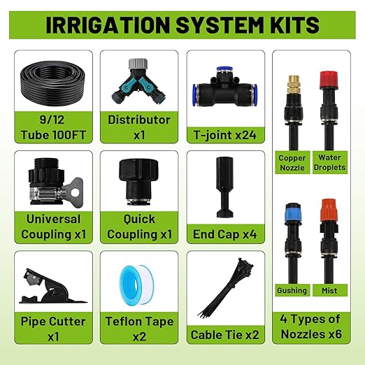 Garden Drip Irrigation Kit, 100ft Black Hose, 360° Pure Copper Closeable Nozzle, Patio Misting Plant Watering Sprinkler, Faucet Separator, Sprinkler Hose Adapter (24 360° nozzles + 24 T-connectors)