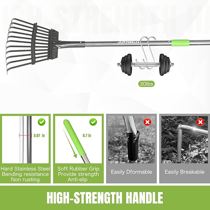 Joyhalo Small Rake for Leaves, 8.5 Inch Wide Rake Head Leaf Rake with 11 Tines, Metal Garden Rake with Adjustable Handle from 38.5 to 65 Inch for Gardening, Clippings, Gathering Leaves, Weeds, Debris