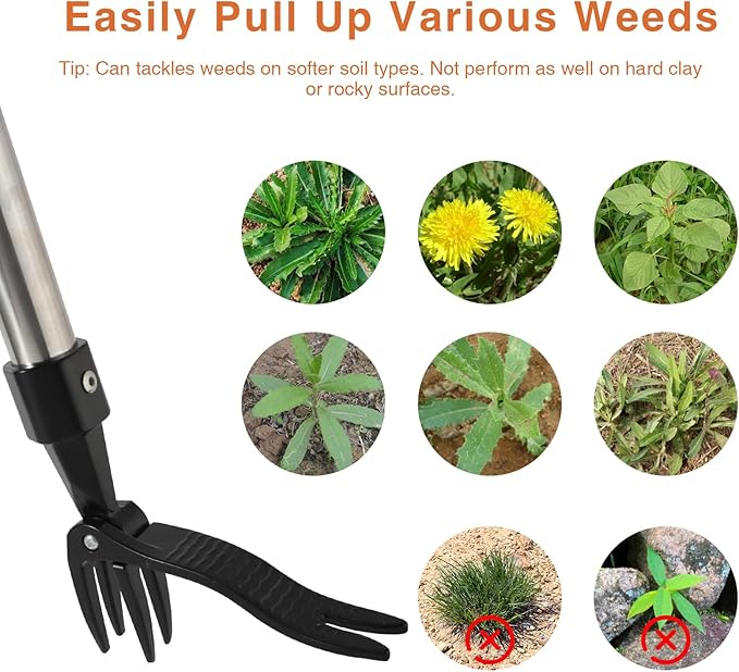 SEFONE Weed Puller Tool, Gardening Stand Up Weeder Tools with Long Handle 58” Manual Weeder Remover for Yard Lawn Patio and Garden Without Bending Pulling or Kneeling