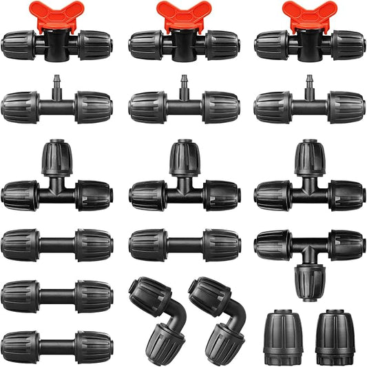 Drip Irrigation Fittings Kit for 1/2 Inch Tubing：1/2'' Drip Line Anti-Drop Barbed Locked Nut Connectors 18 Pieces Set Include 4 Couplings 4 Tees 2 Elbows 3 Valves 3 Reducing Tee 2 Plugs