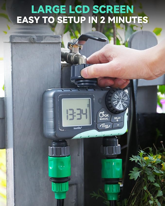 RAINPOINT 2 Zone Sprinkler Timer - 2pcs Water Timer for Garden Hose with Rain Delay/Manual Watering/Automatic Irrigation Controller System - Water Hose Timer Programmable Faucet Timer for Yard Lawn
