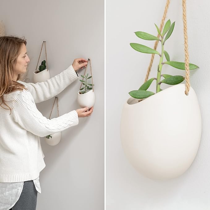 Wall Planters -Ellie- | Hanging Ceramic Plant Pots 3 Pieces | Wall Decoration for Indoors, Balcony and Garden | Cream (Matte)