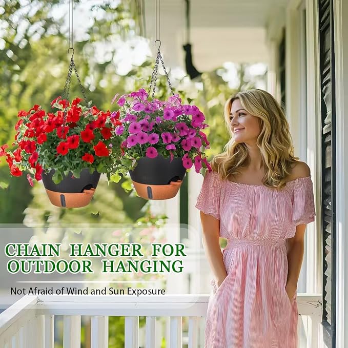 10 Inch Hanging Planters for Indoor Plants, 2 Pack Self Watering Hanging Baskets Flower Pots with Drainage Hole, Visual Reservoir & 2 Kinds of Plant Hanger for Outdoor Garden Home Decor