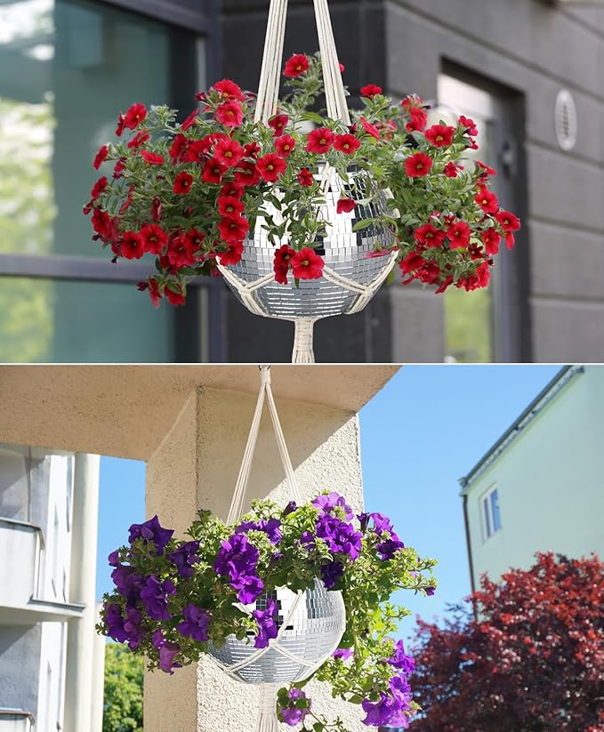 Disco Ball Planter, 1pcs 10” Silver Disco Ball Planter, Disco Ball Plant Hanger with Hanging Rope, Hanging Chain, Hook, Circle and Extra Mirror Pieces(10" Silver, 1pcs)