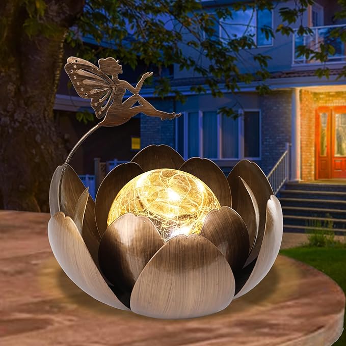 MUMTOP Solar Lights Fairy Garden Decor, Waterproof Metal Solar Lanterns Outdoor Crackle Globe Glass Lotus Flower Table Lamp for for Patio Pathway Yard Balcony Garden Decorations