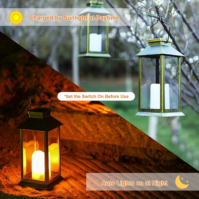 2 Pack Solar Lanterns, Outdoor Garden Hanging Lanterns, LED Flickering Flameless Candle Mission Lights for Yard,Table,Patio(Bronze)