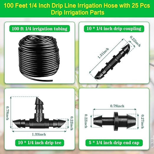 Gardrip 100 Feet 1/4 Inch Drip Irrigation Tubing Kit with 25 Pcs Drip Irrigation Parts: 100 FT Drip Line Distribution Hose with 10 Couplings 10 Tees 5 Plugs for Garden Irrigation Systems