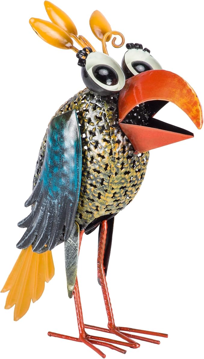 Alpine Corporation 12" Tall Outdoor Metal Wide-Eyed Bird Standing Yard Statue Decoration, Multicolor