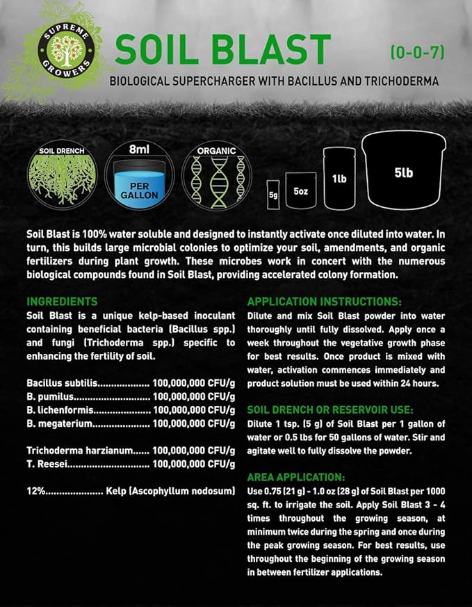 Soil Blast Concentrate 1lb Bag Makes 94 Gallons by Supreme Growers Compost Tea Alternative Inoculant Contains Beneficial Bacteria and Trichoderma Can Be Used with Myco Blast and Kelp Blast