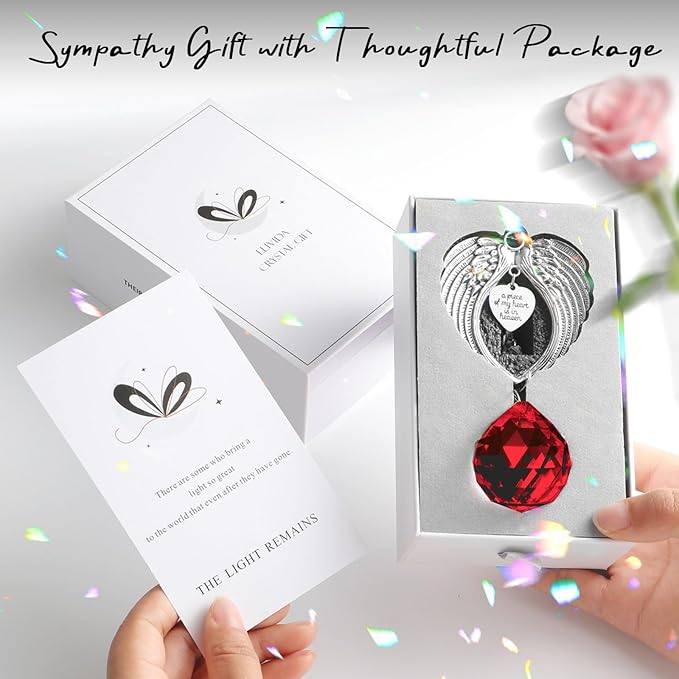 Sympathy Gift Modern Grief Gift for Lose of Loved Ones, Memorial Suncatcher with 40mm Crystal Ball, Sorry for Your Lose Rainbow Maker, Bereavement Gift Idea Angel Wings Design, Red