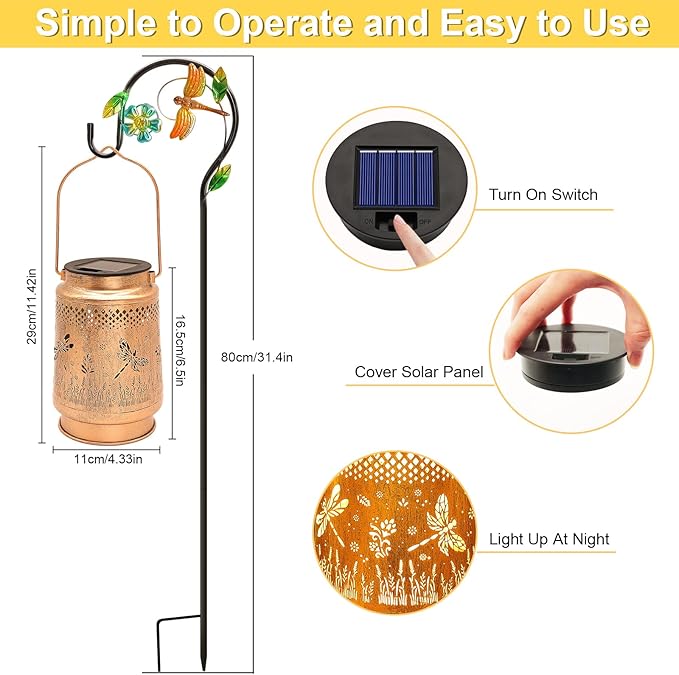 Solar Lanterns Outdoor Waterproof Dragonfly Garden Decor, Birthday Gifts for Women Mom Grandma Hanging Solar Lights Metal LED Decoration Outside with Shepherd Hook for Garden Yard Patio Porch