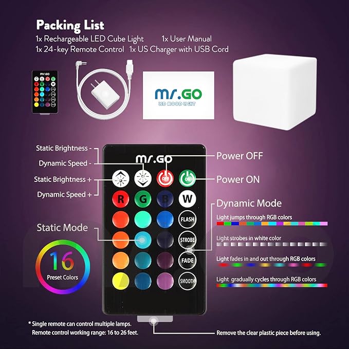 Mr.Go 4-inch Dimmable LED Night Light Mood Lamp for Kids and Adults - 16 RGB Colors - 8 Level Dimming - 4 Lighting Effect - Rechargeable - Remote Control - Decorative, Fun & Safe - White Finish Cube