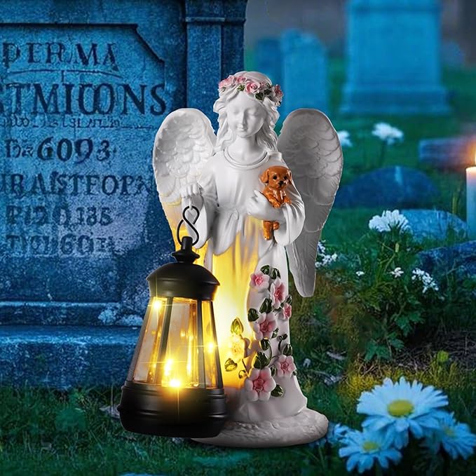 Solar Garden Decor - Angel Statues with Solar Lantern 8.7" Resin Angel Figurines Outdoor Waterproof Decorations for Yard Patio Lawn Porch Gardening Gift for Women Mother Girlfriend Wife