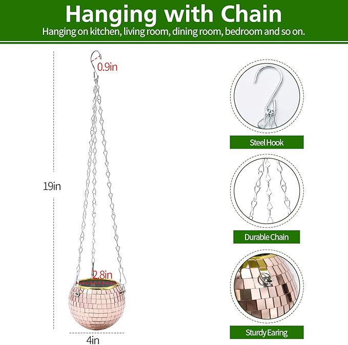 Disco Ball Planter, 1pcs 4" Rose Gold Disco Ball Planter, Disco Ball Plant Hanger with Hanging Rope, Hanging Chain, Hook, Circle and Extra Mirror Pieces (4" Rose Gold, 1pcs)