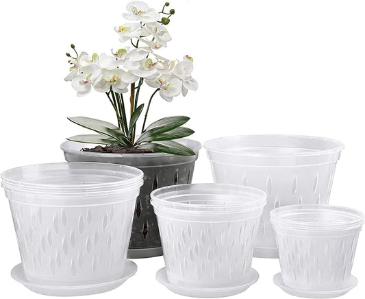 Orchid Pots- 2 Each of 4, 5, 6 and 7 inch- 8 Pots and Saucers, Orchid Pots with Holes and Clear Plastic Orchid Pots for Repotting