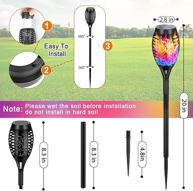 8 Pack Solar Torch Lights Outdoor Waterproof - Multicolor Flickering Flame, Outdoor Solar Garden Lights for Yard, Tiki Torches for Outside Patio Pathway Decorations