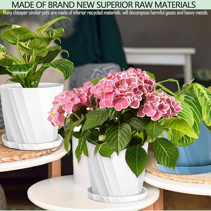 8 Inch Plant Pots with Drainage Holes and Saucers - Flower Pots for Indoor Plants - White Plastic Planters for Outdoor Plants - House Planting Pots Set