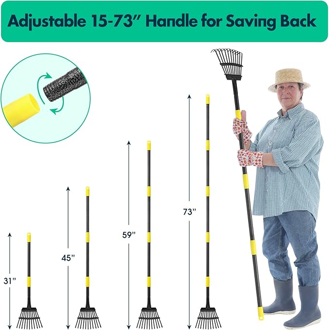 Rake - 73 Inch Long Small Garden Rake, 8.5" Wide Heavy Duty Leaf Rake for Shrub with 11 Metal Tines,Yard Rake with Adjustable Handle for Picking up Leaves,Grass Clippings,Garbage